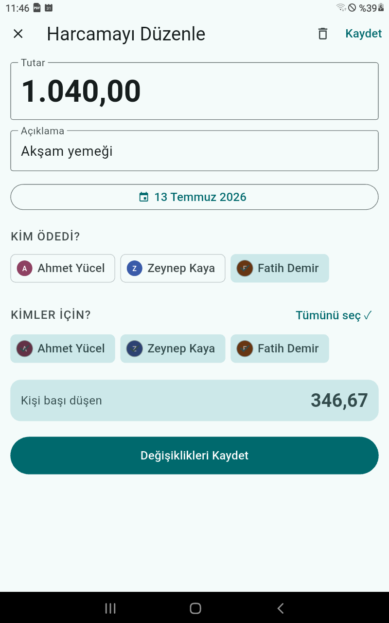 Harcama ekleme formu: tutar, ödeyen ve katılımcı seçimi