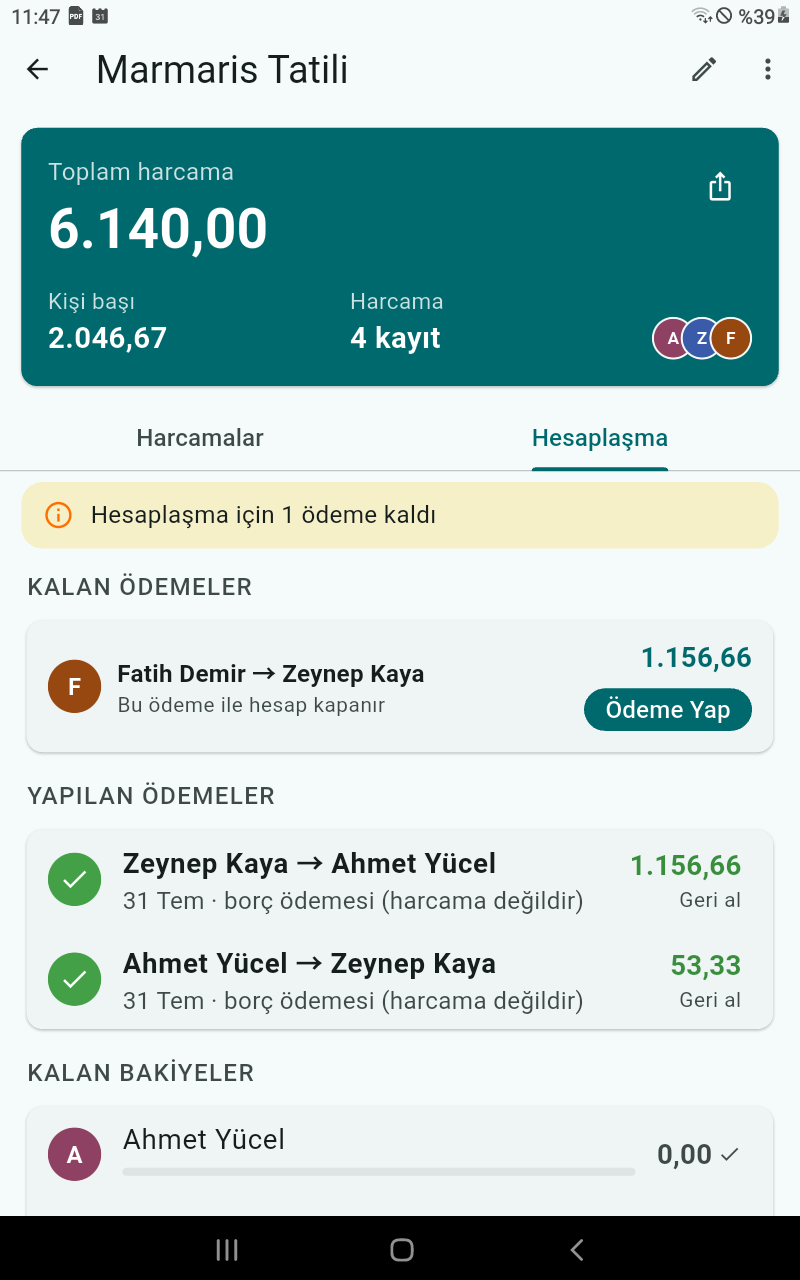 Hesaplaşma sekmesi: önerilen ödemeler ve renkli bakiyeler