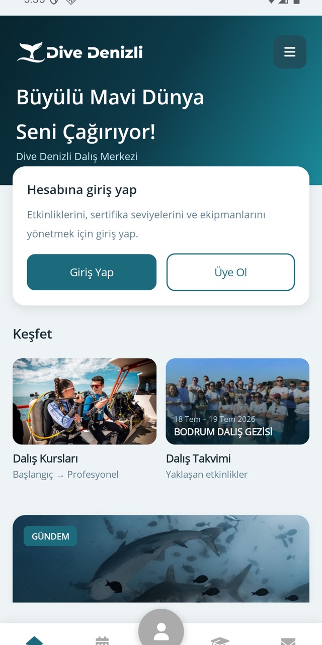 Dive Denizli ana sayfası: dalış kursları ve etkinlik takvimi