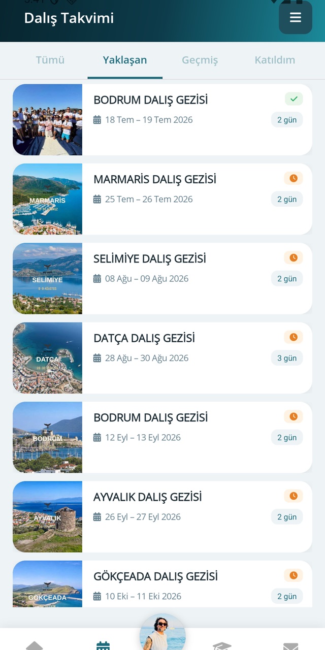 Etkinlikler ekranı: yaklaşan dalış etkinlikleri listesi