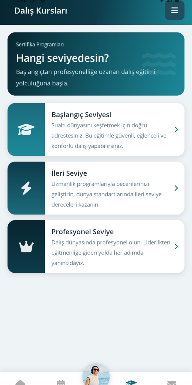 Kurslar ekranı: dalış eğitimleri listesi